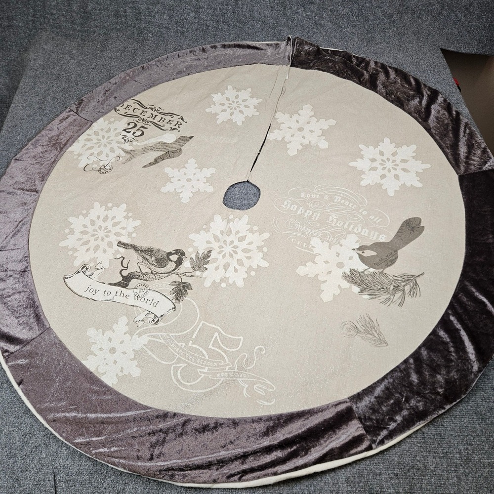 Kohl's Rustic Bird Snowflake Christmas Tree Skirt 48in Velvet Trim Linen Blend